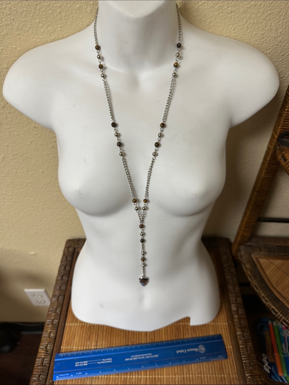 Guess by Marciano Silver-Tone Y Necklace with Brown Beads